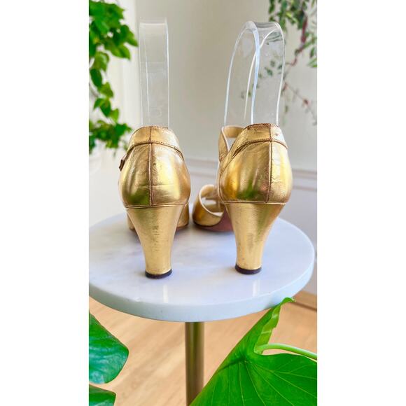 Vintage 1930s Shoes 30s Gold Leather Art Deco High Heels size US 5 - Picture 5 of 10